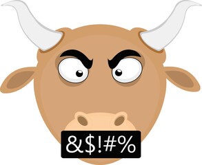 Vector emoticon illustration of a cartoon bull's head with an angry and insult expression