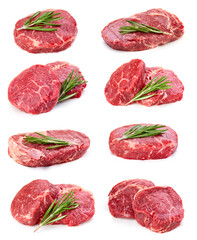 Steak meat isolated on white background. Fresh peach fruits. Fresh raw meat collection Clipping Path.