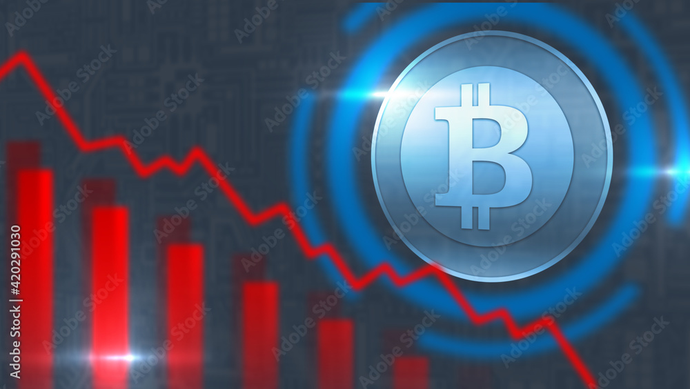 Poster fall of cryptocurrencies. graph shows collapse of bitcoin. bitcoin is constantly falling. concept - 