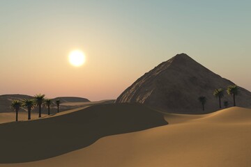 Fototapeta na wymiar Old pyramid covered with sand, pyramid in the sand desert at sunset among palm trees, 3D rendering