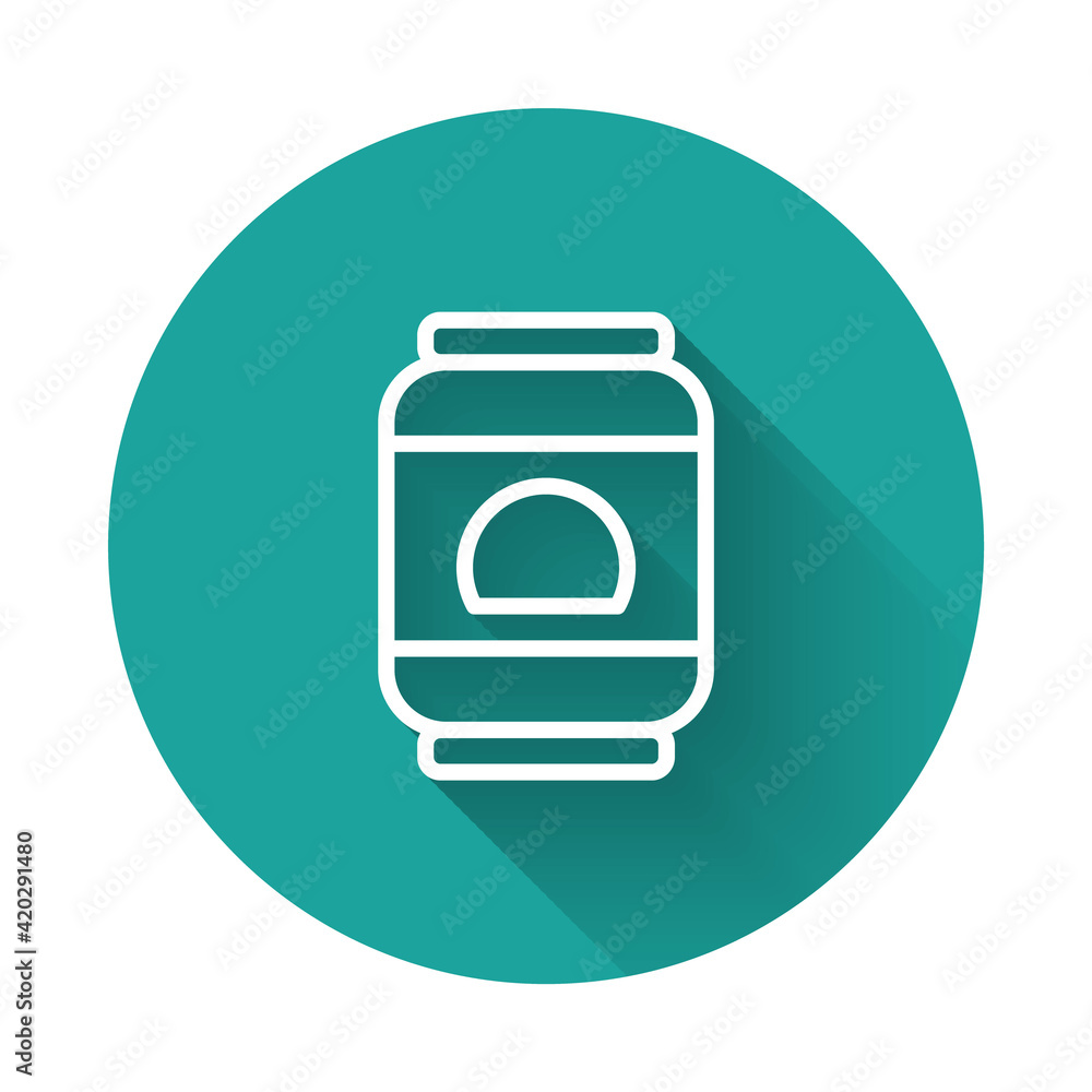 Poster white line beer can icon isolated with long shadow background. green circle button. vector