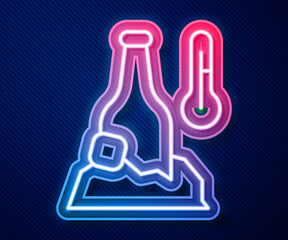 Glowing neon line Cold beer bottle icon isolated on blue background. Vector