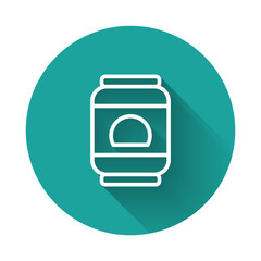Obraz premium White line Beer can icon isolated with long shadow background. Green circle button. Vector