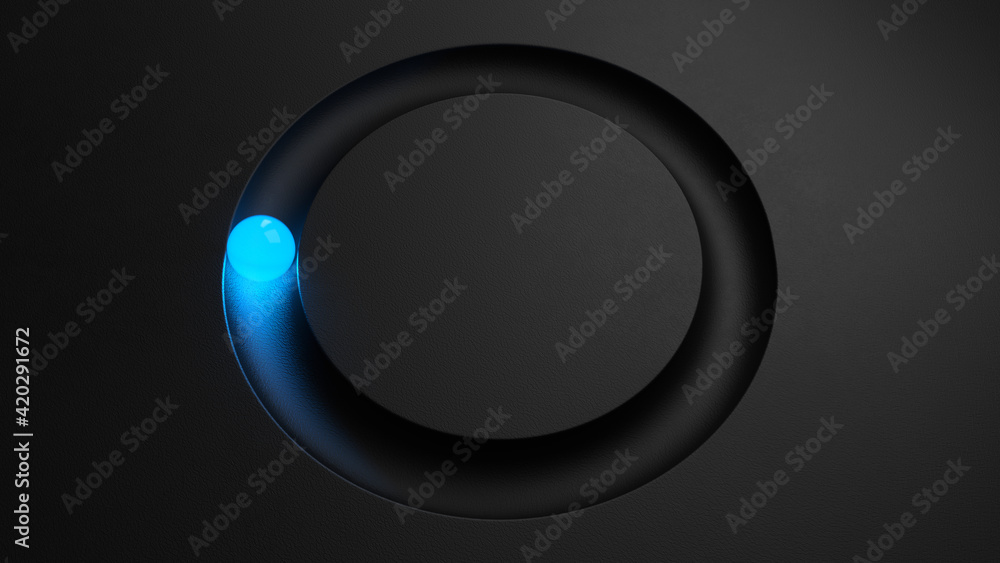Poster glowing ball rolling in circular gutter. minimal background with illuminated blue sphere. conceptual