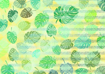 Yellow background with a staff and notes and leaves of the plant called monstera as a base for designing your own works