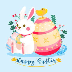 Bunny Easter and Chick With Giant Easter Eggs in Easter Day