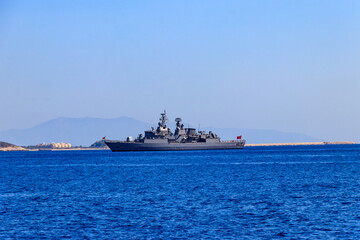 Turkish navy warship sailing in the Mediterranean sea. Protection of water borders of Turkey