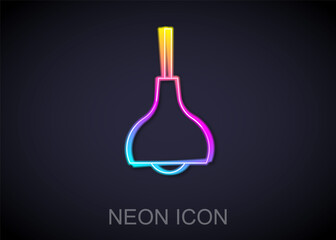 Glowing neon line Lamp hanging icon isolated on black background. Ceiling lamp light bulb. Vector