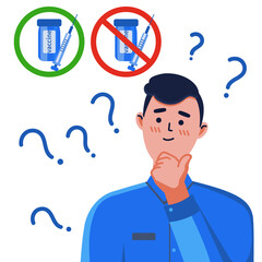 vector illustration, against vaccination, pensive man, question, choice to be vaccinated, coronavirus, covid-19, no vaccine, vaccine supporters