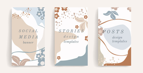Vector design template for social media post, story, banner, mobile, web, ad. Layout with copy space for text, abstract shapes, flowers, leaves. Stylish natural colors, gray, white, beige, blue, brown