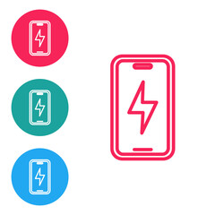Red line Smartphone charging battery icon isolated on white background. Phone with a low battery charge. Set icons in circle buttons. Vector