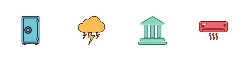 Set Safe, Storm, Bank building and Air conditioner icon. Vector