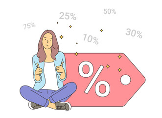 Shopping, purchasing, customer, sale, discount concept. Happy young woman with thumbs up, discount sales.