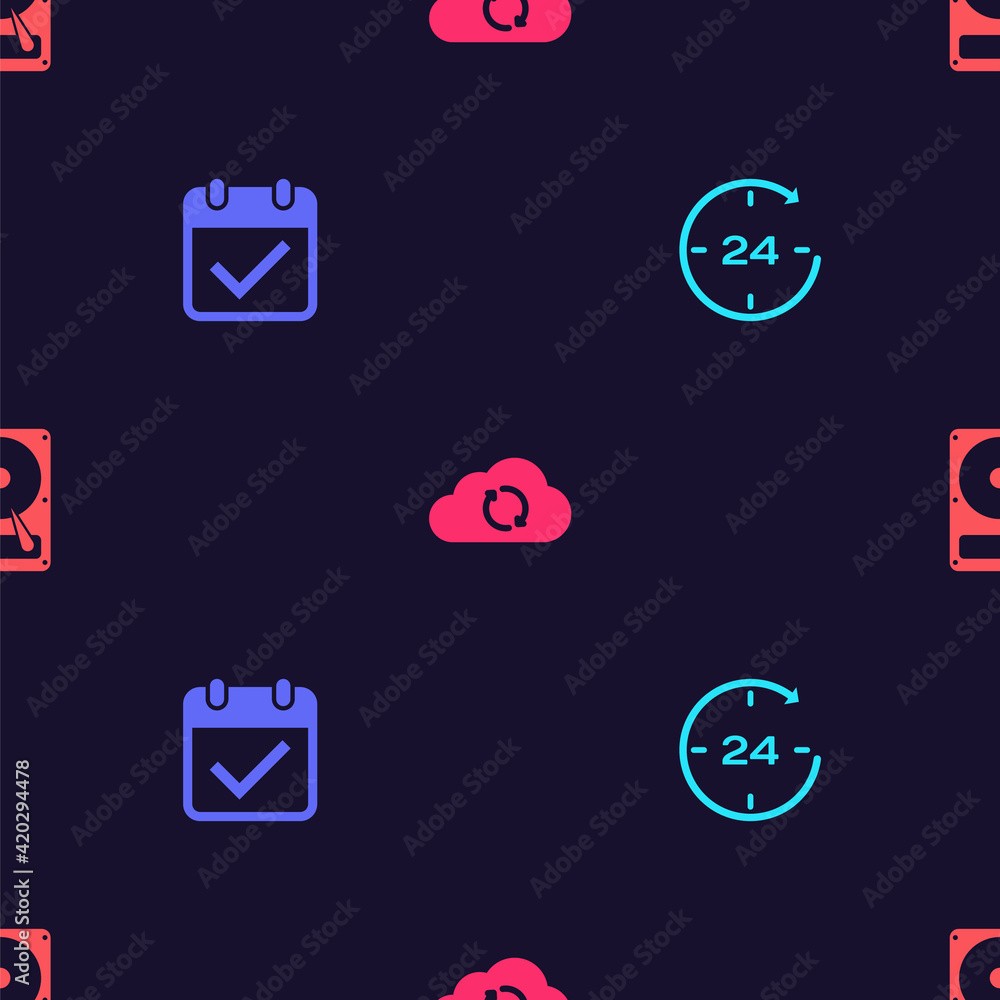 Poster set clock 24 hours, calendar with check mark, cloud sync refresh and hard disk drive hdd on seamless