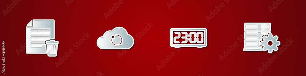 Poster set delete file document, cloud sync refresh, digital alarm clock and server setting icon. vector