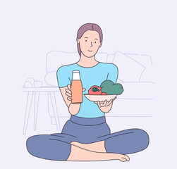 Health, vegan, food, cooking concept. Young Woman cartoon character. Vegetarian Holding Serving Tray with Fresh Fruits and Vegetables.