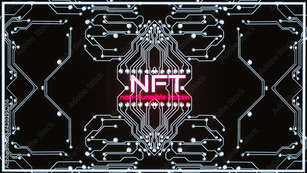 Poster glowing three-dimensional inscription нфт on the background of glowing lines of circuit boards. cryp