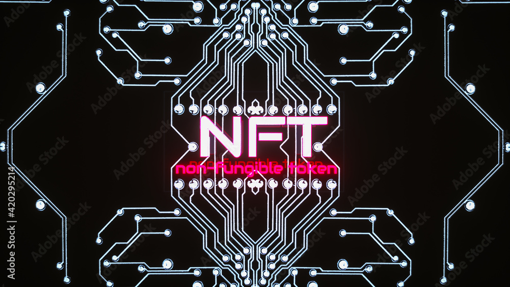 Poster glowing three-dimensional inscription нфт on the background of glowing lines of circuit boards. cryp