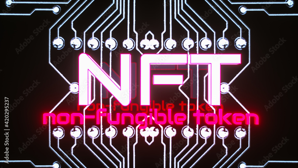 Poster glowing three-dimensional inscription нфт on the background of glowing lines of circuit boards. cryp