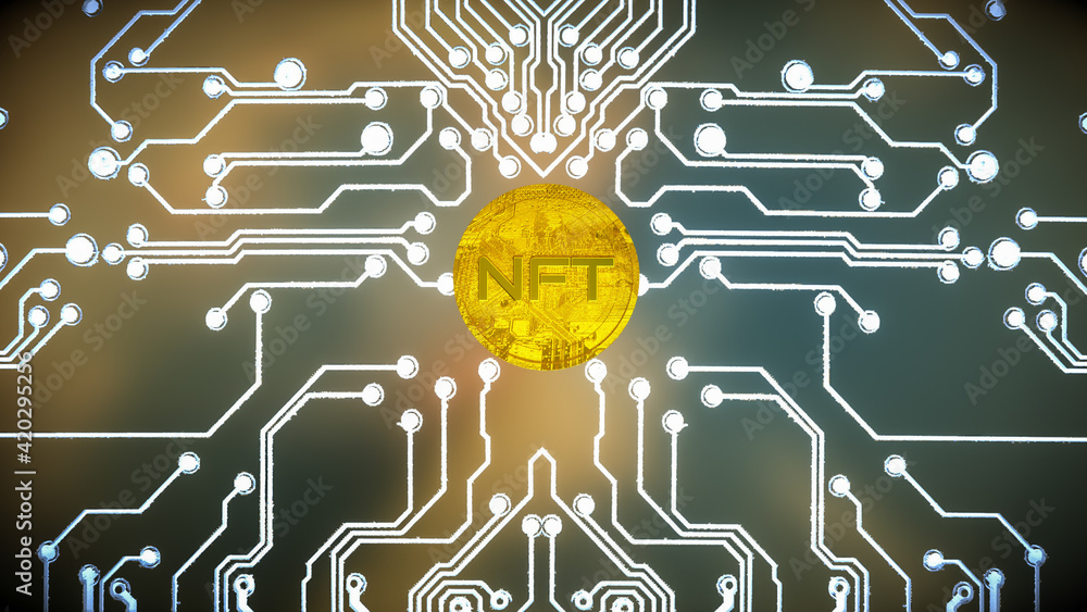 Poster three-dimensional gold coin with the inscription nft on the background of a printed circuit board wi