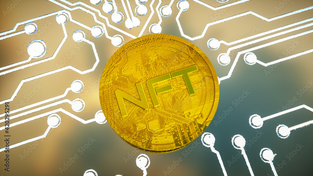 Poster three-dimensional gold coin with the inscription nft on the background of a printed circuit board wi