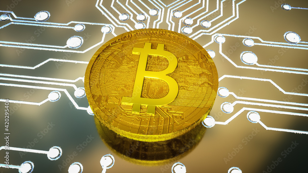 Poster three dimensional gold coin with bitcoin symbol on a circuit board background with glowing tracks. c