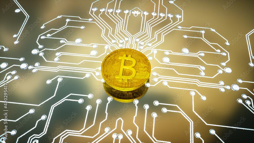 Poster three dimensional gold coin with bitcoin symbol on a circuit board background with glowing tracks. c