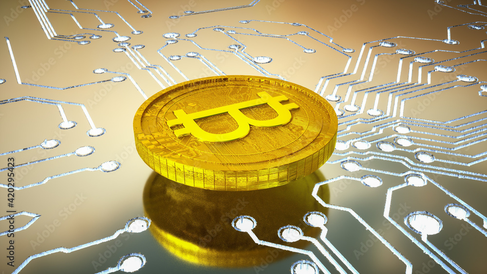 Poster three dimensional gold coin with bitcoin symbol on a circuit board background with glowing tracks. c