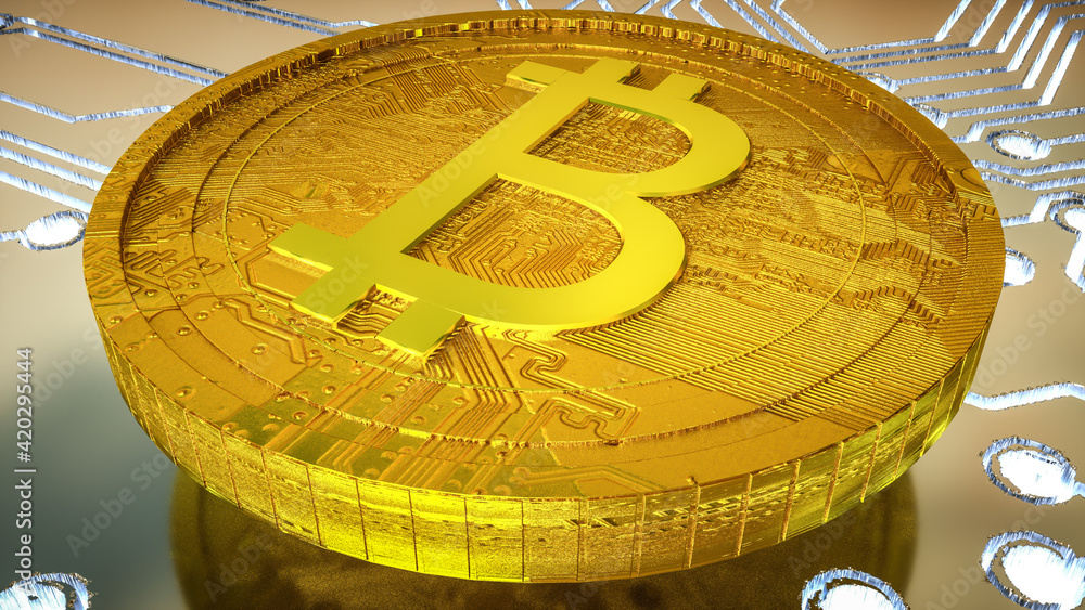 Poster three dimensional gold coin with bitcoin symbol on a circuit board background with glowing tracks. c