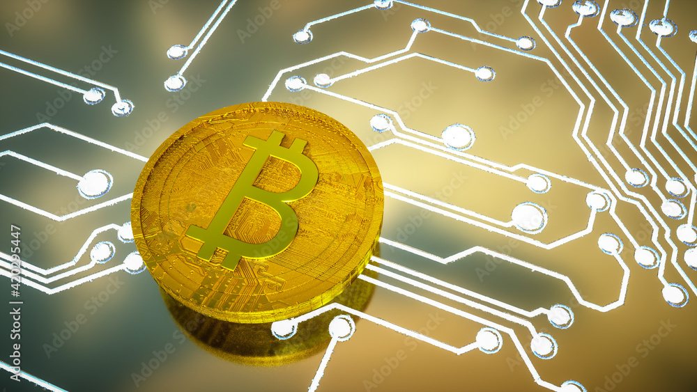 Poster three dimensional gold coin with bitcoin symbol on a circuit board background with glowing tracks. c