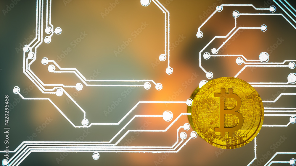 Poster three dimensional gold coin with bitcoin symbol on a circuit board background with glowing tracks. c