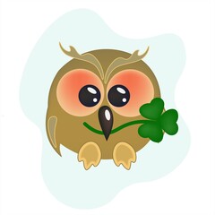 A cute owlet with a shamrock in its beak. Smiling kind cartoon character. Isolated vector illustration with funny bird for St. Patrick s Day.