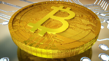 three dimensional gold coin with bitcoin symbol on a circuit board background with glowing tracks. cryptocurrency concept. 3d render illustration