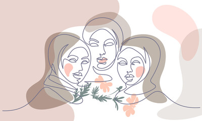 Portrait of three pretty muslim women. One line drawing