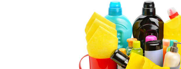 various household cleaning products isolated on a white background. Wide photo. Free space for text.