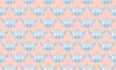 Seamless pattern with the imperial Russian coat of arms. Royal blue two-headed eagle isolated on pink background. Top view, flat lay, wrapping paper concept