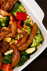 Fried chicken stripes with vegetables dish