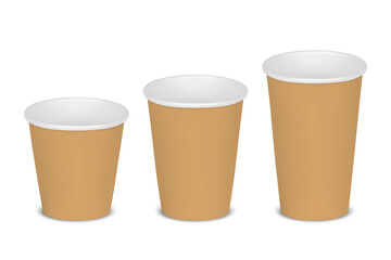 Vector 3d Realistic Paper Brown Disposable Blank Empty Tea, Coffee Cup Set Isolated on White Background. Small, Medium, Big Size. Stock Vector Illustration. Design Template. Front View