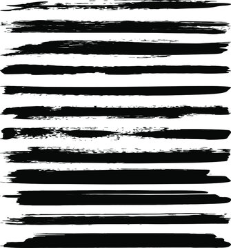 Set of black isolated grunge brush stroke. Dry paintbrush stripes collection. Distressed vector banner. Trendy textured shapes. Abstract dirty dark lines