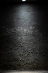 Dark room wall with ceiling light background. Old, weathered cement and stone grey wall with peeled...