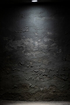 Dark room wall with ceiling light background. Old, weathered cement and stone grey wall with peeled paint and stucco. Interrogation room in the basement. Low key, moody space. Vertical, copy space
