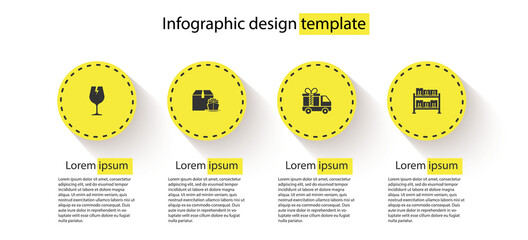 Set Fragile broken glass, Cargo ship with boxes, Delivery truck gift and Warehouse. Business infographic template. Vector