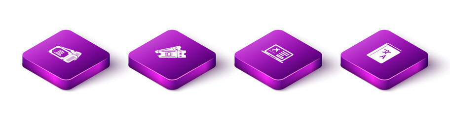 Set Isometric Museum ticket, Bus, Laptop with and Translator book icon. Vector