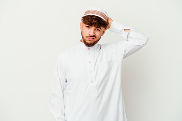 Young Arab man wearing the typical arabic costume isolated on white background being shocked, she has remembered important meeting.
