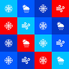 Set Snowflake, Cloud with snow and sun, and Wind icon. Vector
