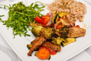 Fried chicken stripes with vegetables dish