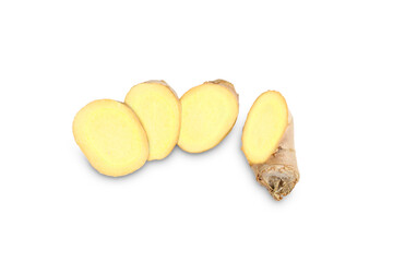 Fresh ginger rhizome cut into rings isolated on white background