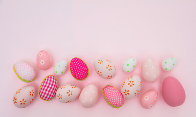 Fototapeta na wymiar Happy Easter. Pink pastel color eggs on pink background, copy space