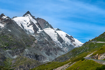 Mountain Pass And High Alpine Road In National Park Hohe Tauern With Mountain Peak Grossglockner