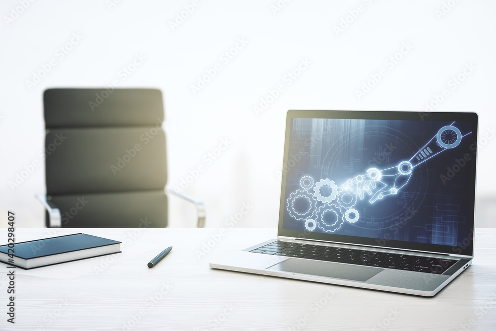 Poster modern computer monitor with robotics technology hologram. research and development software concept